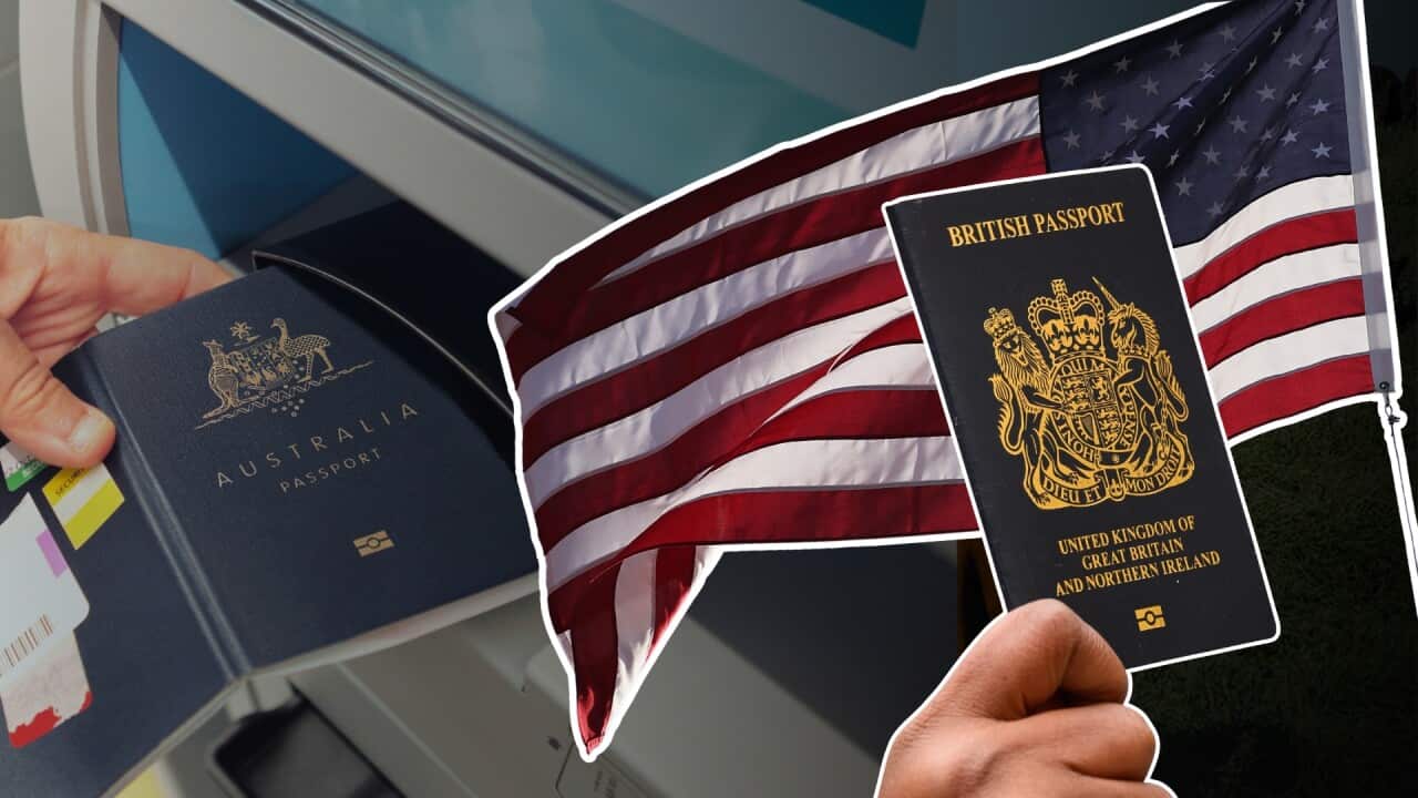 A composite image showing an Australian passport in the right field, while a hand holds aloft the United Kingdom passport in front of an American flag.
