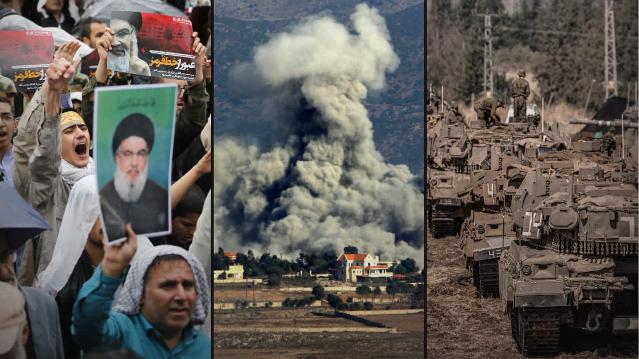 A split image. On the left is a photo of people protesting in the streets of Iran holding photos of the late leader of Lebanon's Hassan Nasrallah. In the middle is a photo of smoke billowing after an Israeli strike on Lebanon. On the right is tanks by the Israeli tanks by the Israel-Lebanon border.