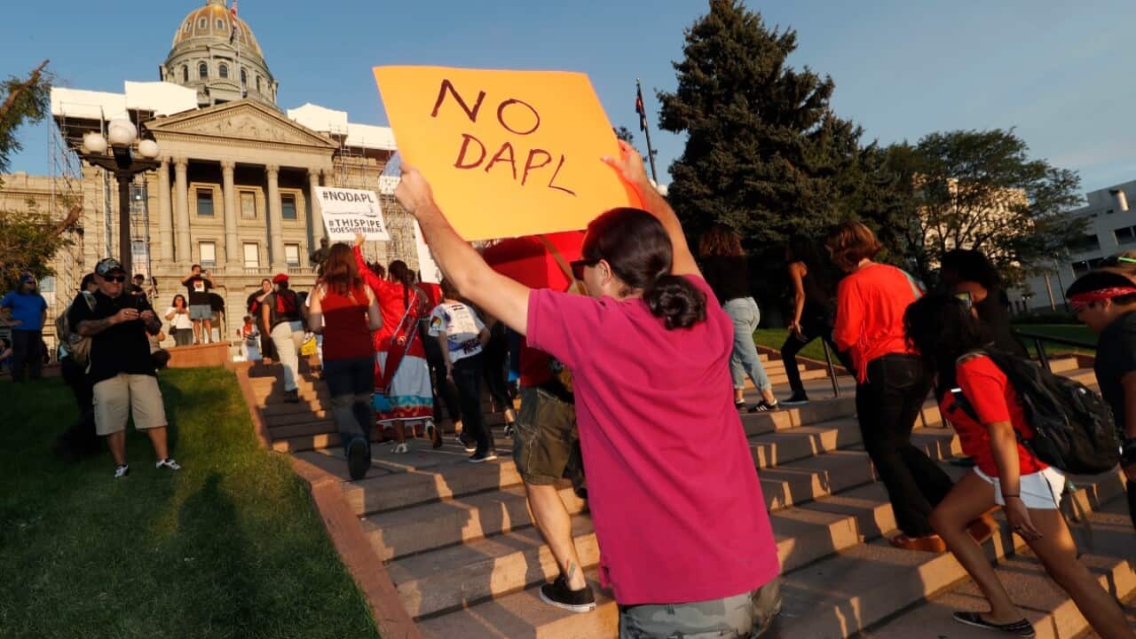 A line of protesters against the construction of the Dakota Access oil pipeline on the Standing Rock Reservation in North Dakota