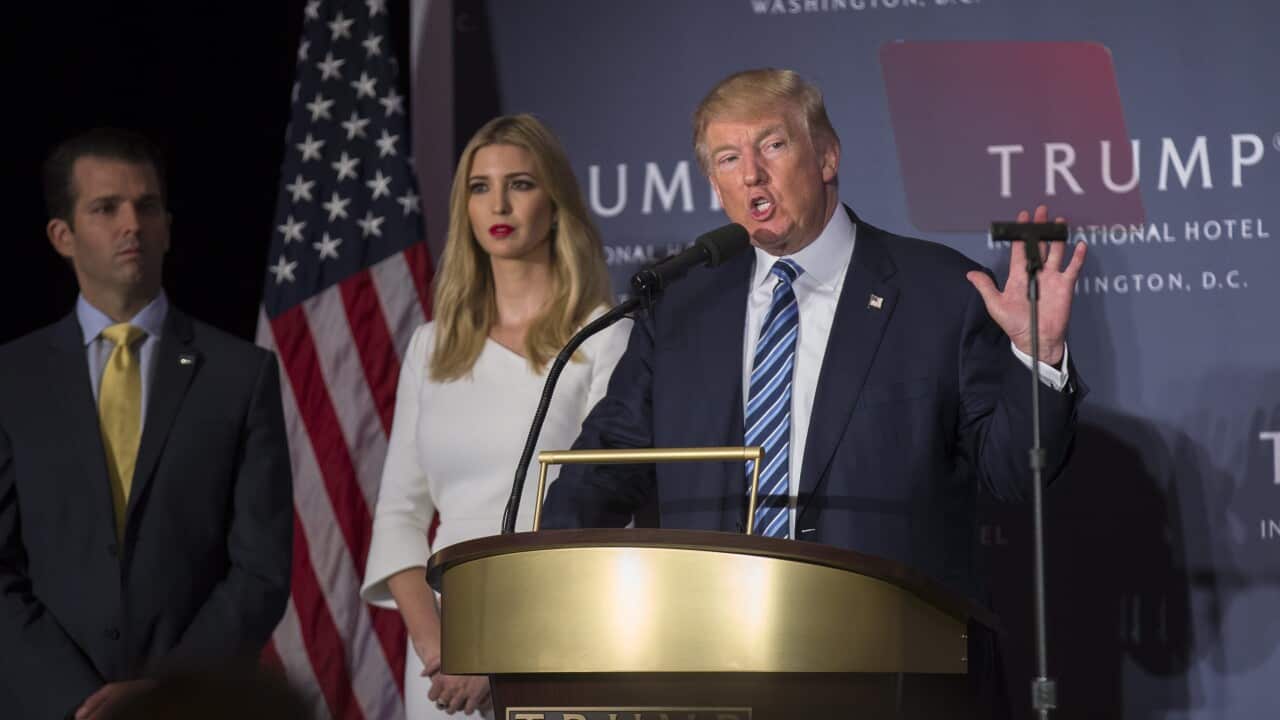 Republican Presidential nominee Donald Trump (R), with son Eric Trump (L) and and daughter Ivanka Trump (C)