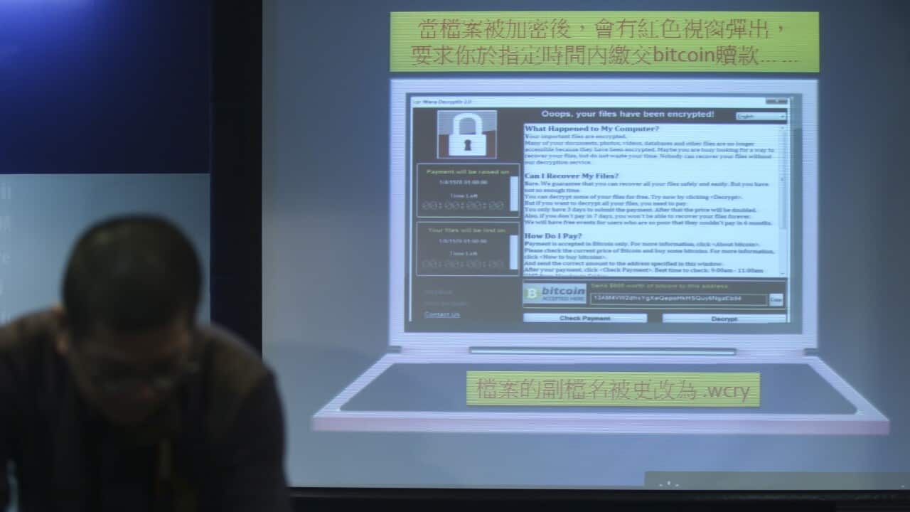 Police address the media over the ransomware WannaCry attack.