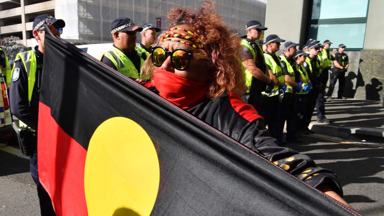 A Black Lives Matter demonstrator in Brisbane this month.