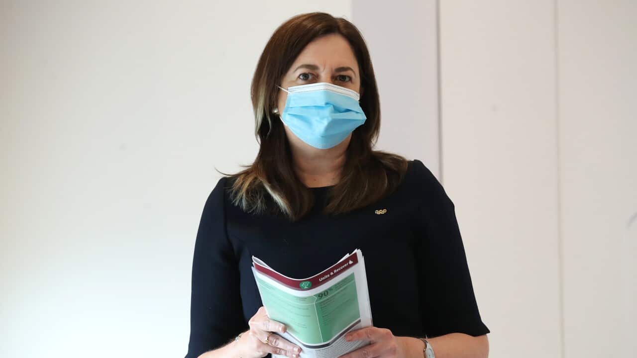 Queensland Premier Annastacia Palaszczuk looks on during a press conference in Brisbane, Monday, October 18, 2021