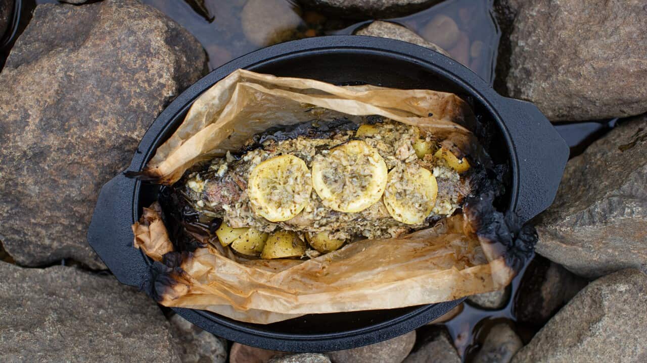 Trout en papillote with smoked eel and seaweed butter