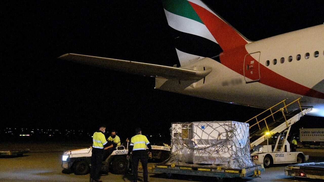 The first shipment of Moderna COVID-19 vaccines has arrived in Australia at Sydney International Airport.