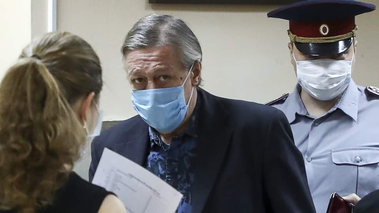 MOSCOW, RUSSIA - SEPTEMBER 8, 2020: Actor Mikhail Yefremov (C) appears at Moscow's Presnensky District Court for a sentencing hearing. Criminal charges against Yefremov relate to the deadly June 8 road accident when his car crossed into the oncoming lane