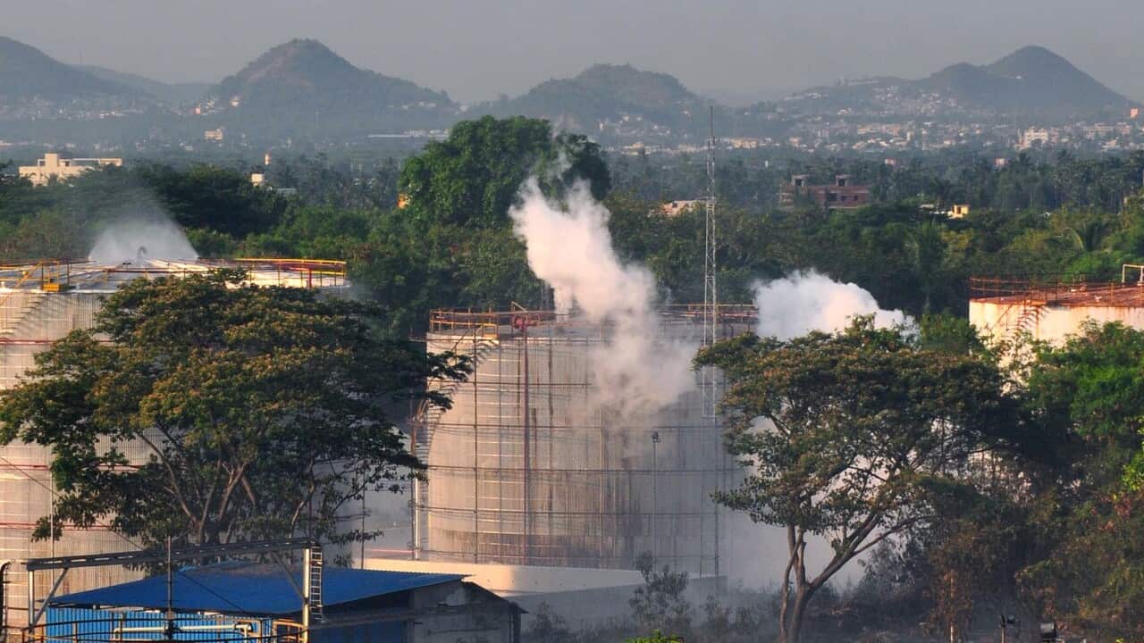 Smoke rising from a chemical plant, the site of a toxic gas leakage, in Andhra Pradesh state, southern India