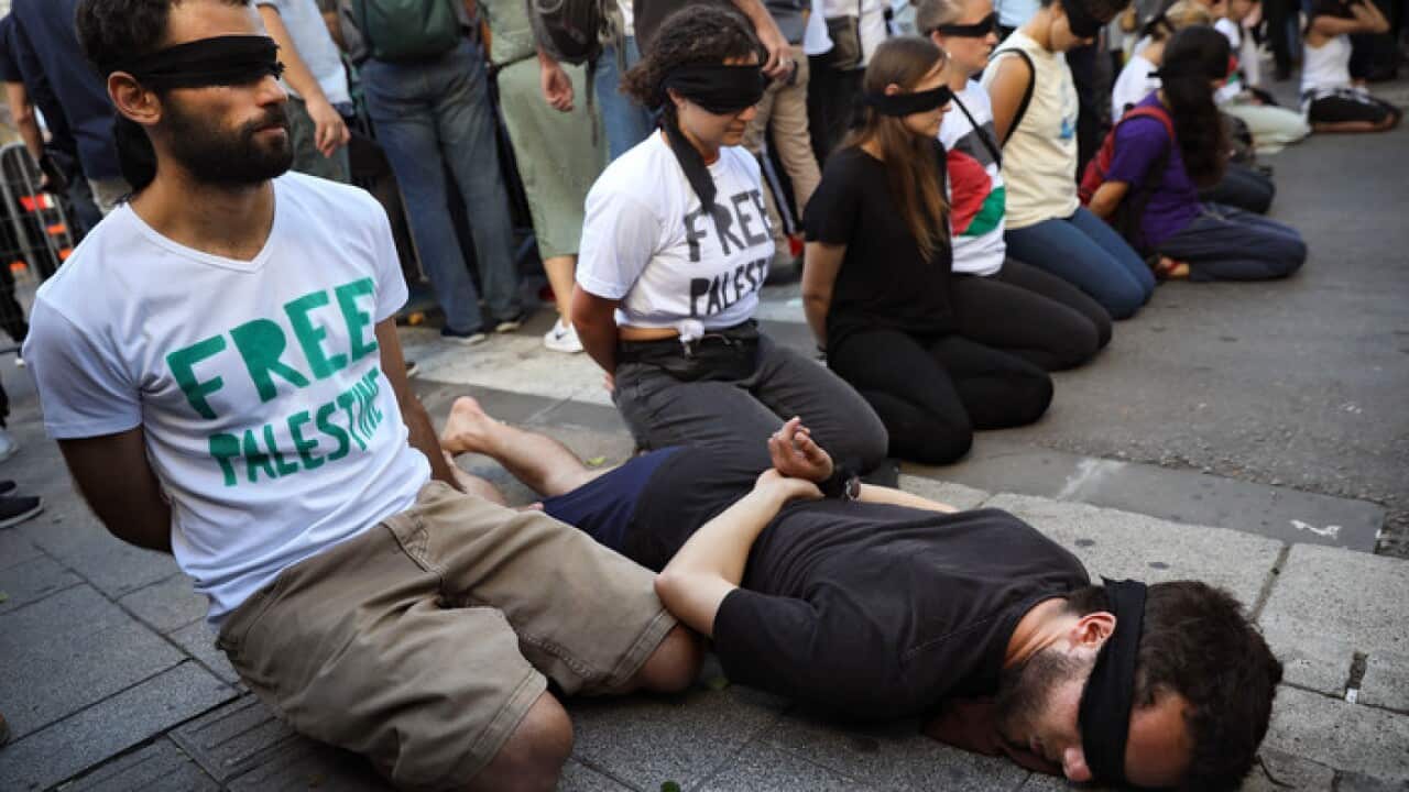 Peace activists protest before the presentation of the 2019 Eurovision Song Contest participants in Tel Aviv