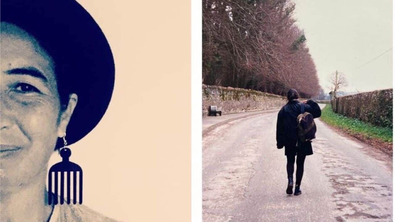 A three image collage; Anne-Marie on the left, a woman walking along a road on a cloudy day, and a landscape of ocean with green mountains in the distance.