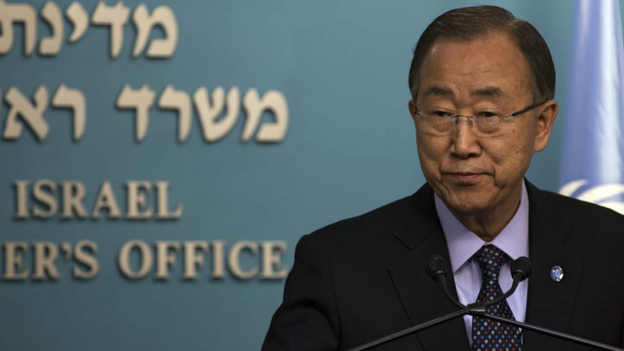 UN Secretary General Ban Ki-moon and Israeli Prime Minister Benjamin Netanyahu (not pictured) address the press before their official meeting, at Netanyahu's office in Jerusalem, Israel, 20 October 2015. (EPA/ATEF SAFADI)