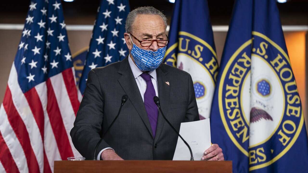 Senate Minority Leader Chuck Schumer speaks to the media about the presidential transition/