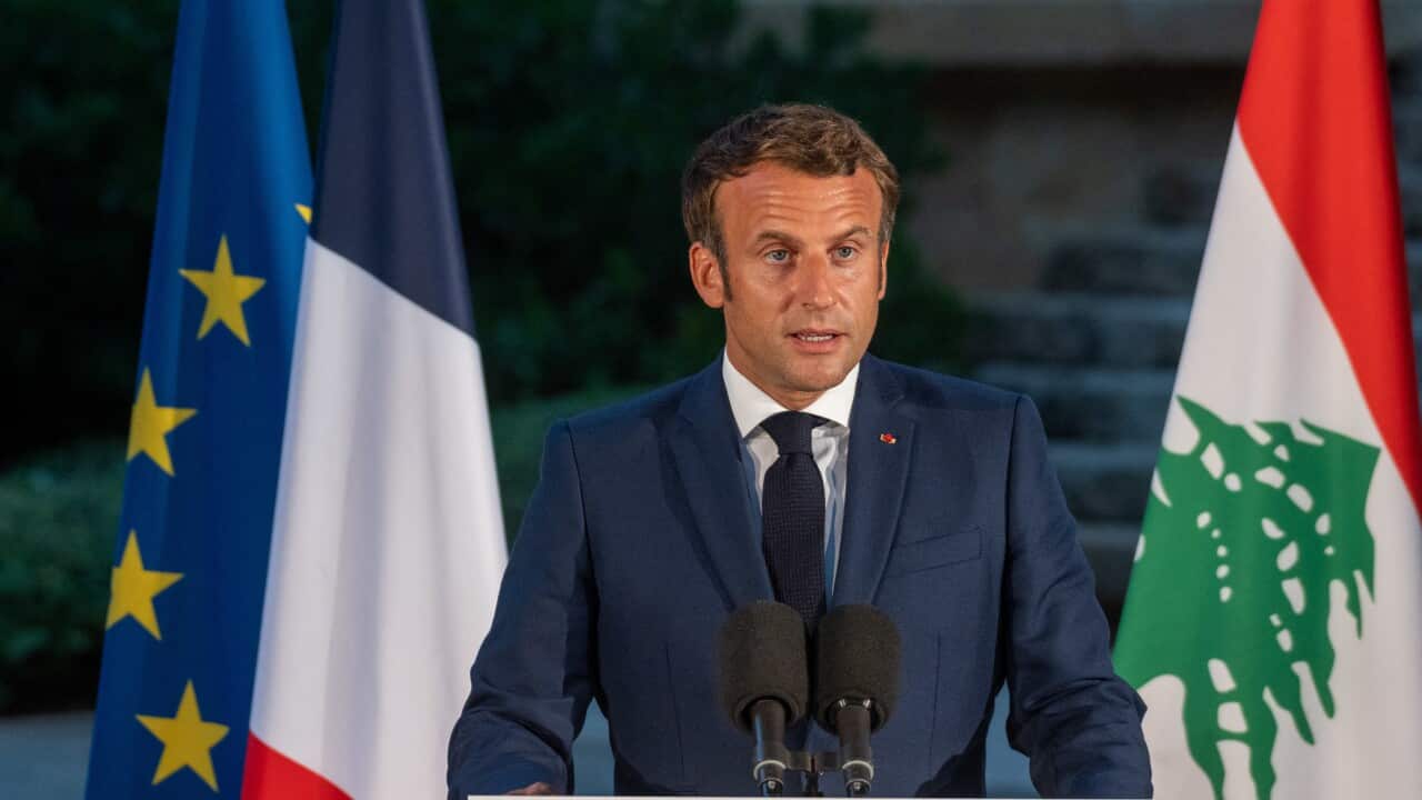 French president Emmanuel Macron talks during a press conference in the garden of the Residence des Pins, the house of the French Ambassador, in Beirut, Lebanon on August 6, 2020. Photo by Ammar Abd Rabbo/ABACAPRESS.COM.