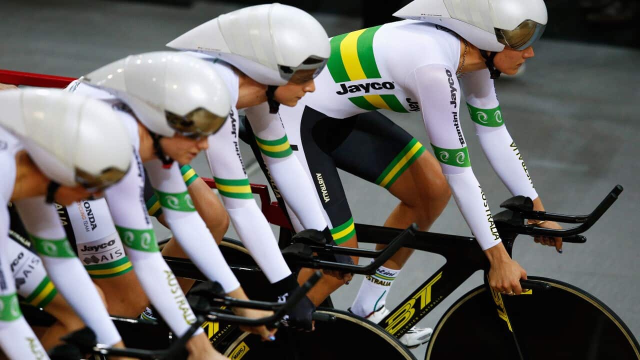 The Australian women's team pursuit lines up for the final at the UCI Track World Championships