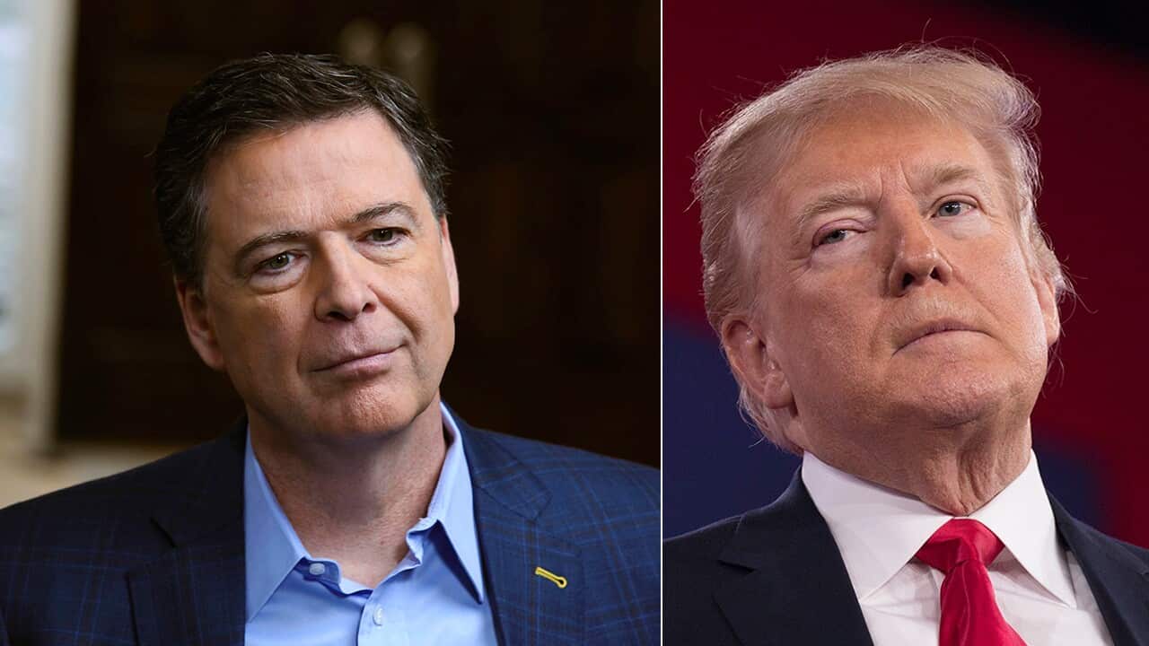 Combination image of former FBI directer James Comey speaking to ABC, and US President Donald Trump