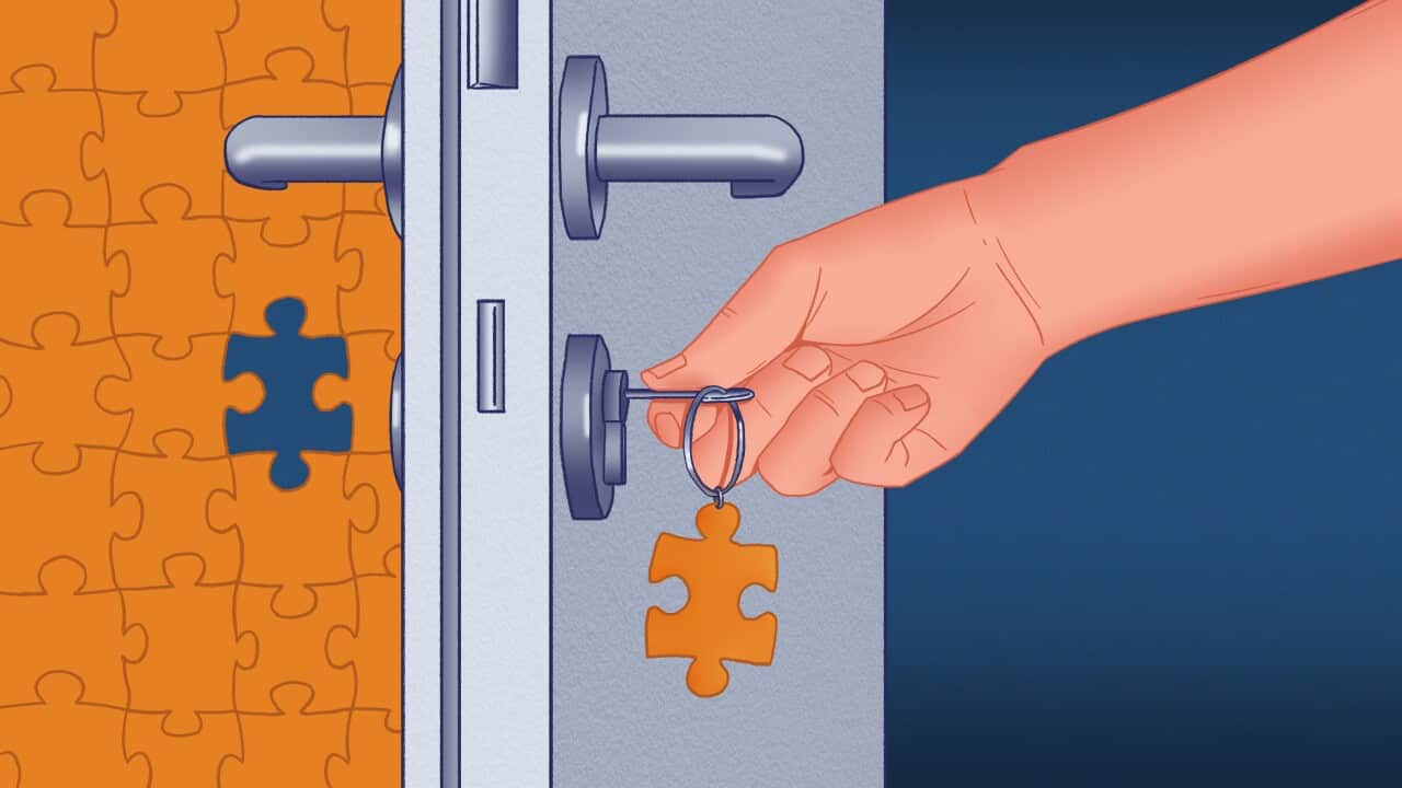 An illustration of a hand turning a key into a door's keyhole. A puzzle piece is attached to the keychain. Behind the door are puzzle pieces, all formed, except for one, which is missing. The missing piece matches the puzzle piece attached to the keychain.