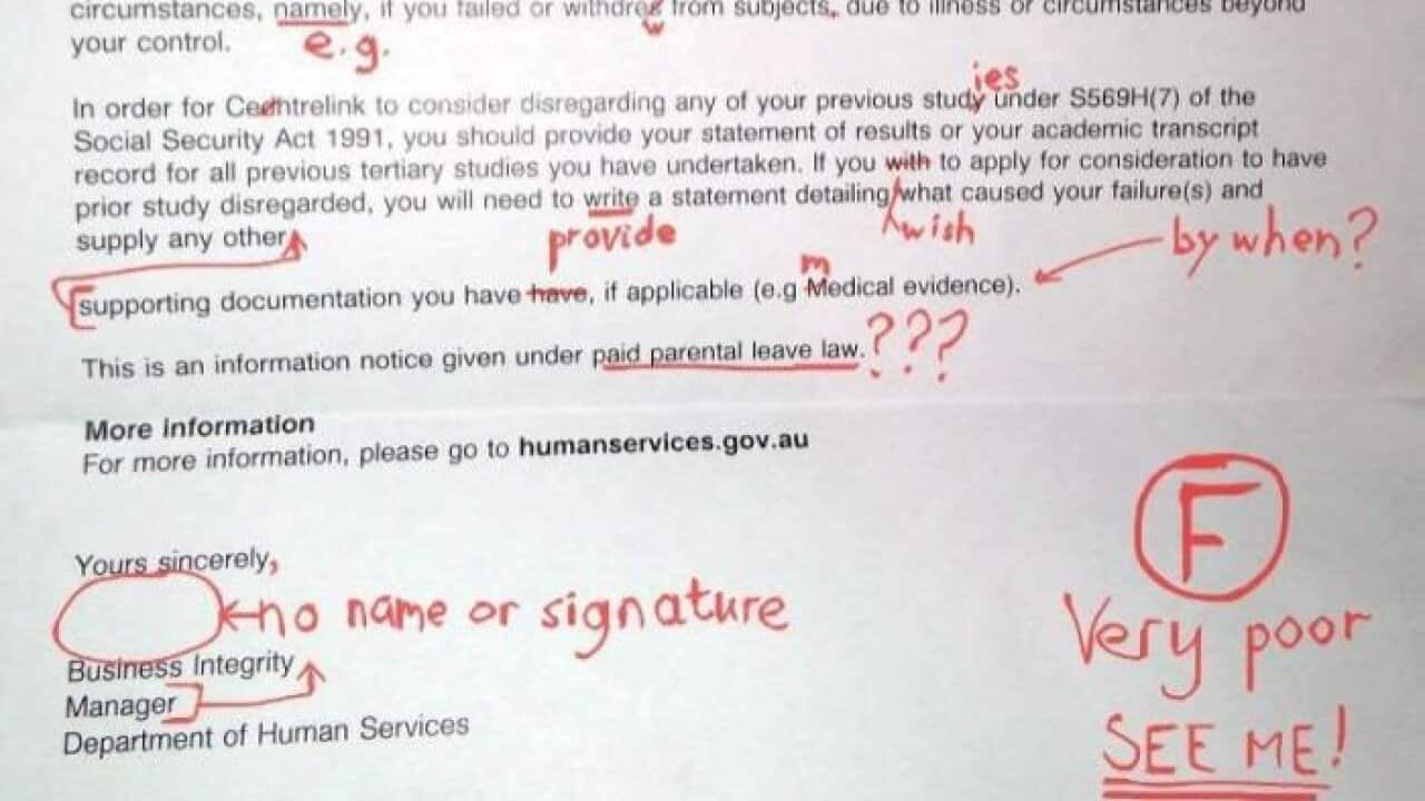Mr Klein decided to point out every mistake in the letter - grading it with an F