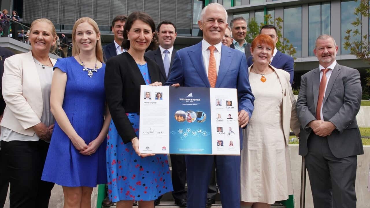 NSW Premier Gladys Berejiklian and Prime Minister Malcolm Turnbull with members of the Western Sydney local governments launch 'The Western Sydney City Deal'.