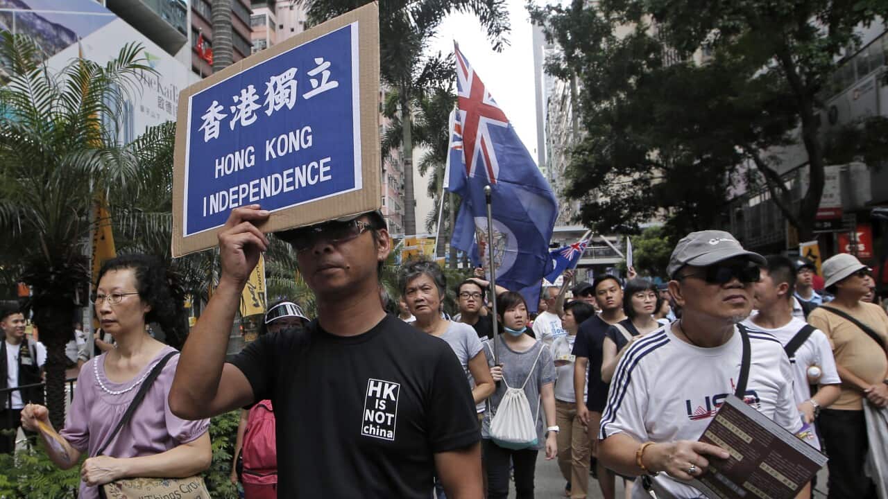 People protest for Hong Kong independence in this file photo from July.
