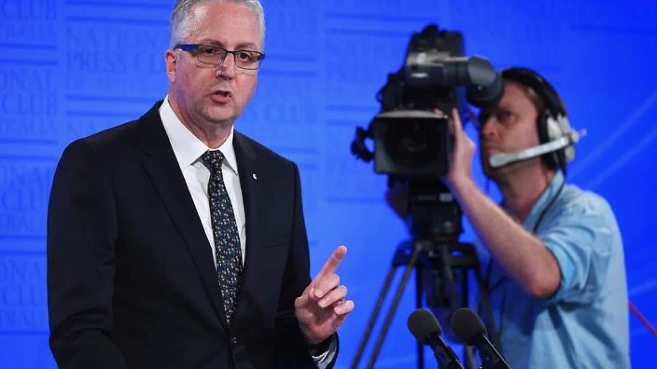 Outgoing ABC Managing Director Mark Scott speaks at the National Press Club in Canberra, Wednesday, Feb. 24, 2016. (AAP)