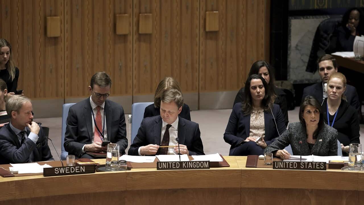 US Ambassador to the UN Nikki Haley speaks after voting for the resolution calling for a 30-day ceasefire in Syria.