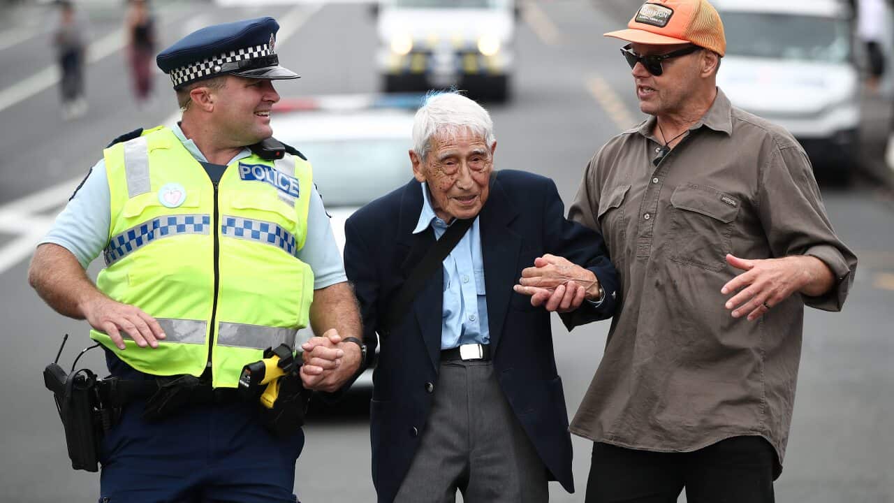 John Sato, 95, one of only two Japanese servicemen in the New Zealand army in WWII, joined the march against racism in Auckland, New Zealand.