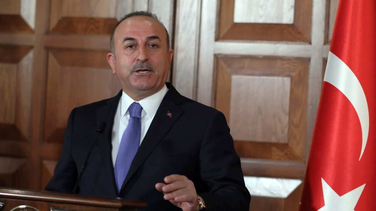 Turkey's Foreign Minister Mevlut Cavusoglu speaks on Feb 22