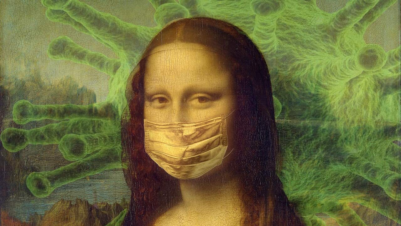 Mona Lisa with a mask. Artist's paraphrase of the famous Leonardo da Vinci's painting.