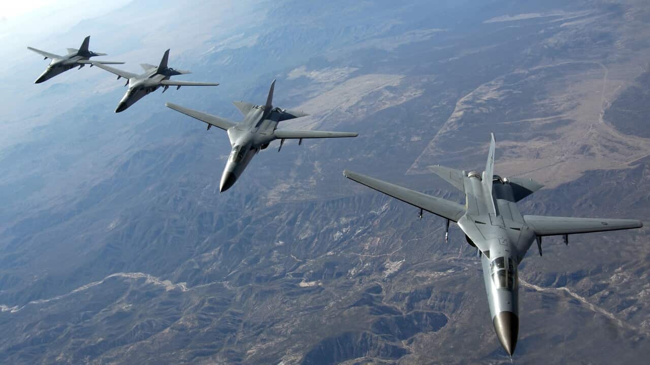 Four Royal Australian Air Force F-111 aircraft head out to the ranges on Nellis Air Force Base, Nev., February 14, 2006, during Red Flag 06-1.