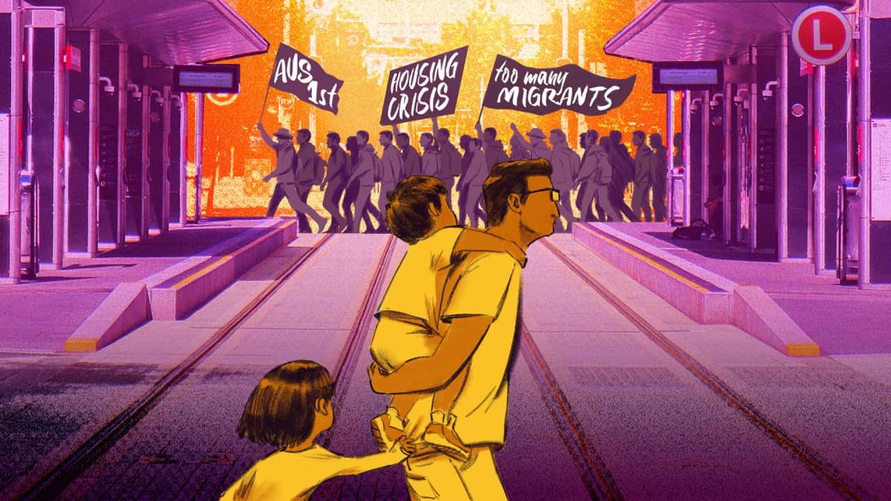 A stylised image of a man walking with his two children across a tram station, with a group of protesters holding placards visible in the background at a distance.