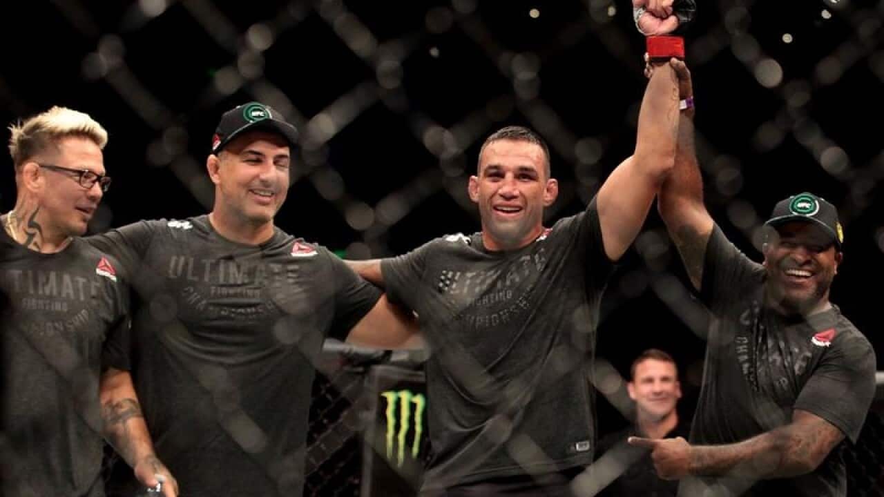 Fabricio Werdum celebrates after winning the main heavyweight fight.