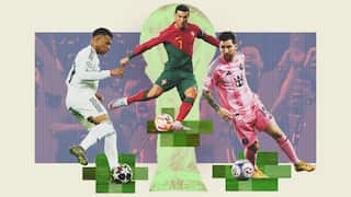 A composite image of three footballers kicking a ball in front of a green trophy and a crowd of fans.