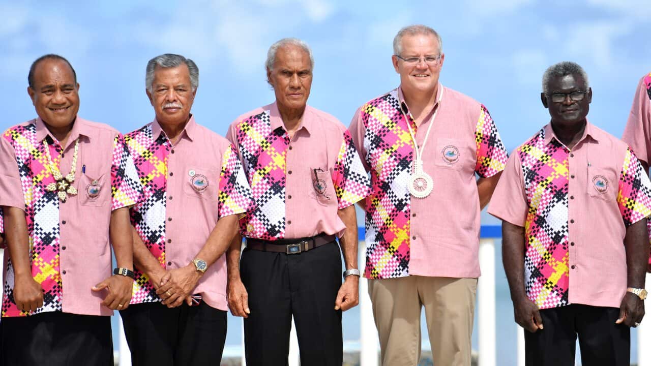 Prime Minister Scott Morrison with leaders from Kiribati, Cook Islands, Tonga and the Solomon Islands at the Pacific Islands Forum in Tuvalu, 2019.