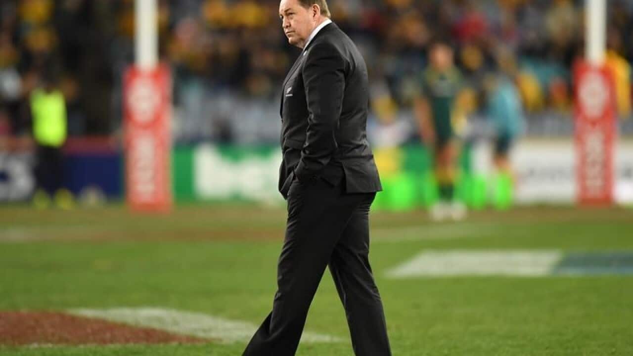Coach of New Zealand Steve Hansen looks on from an empty field.