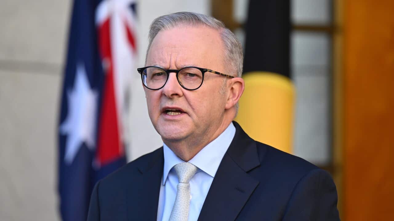 Anthony Albanese, in a navy suit and blue shirt, is speaking.