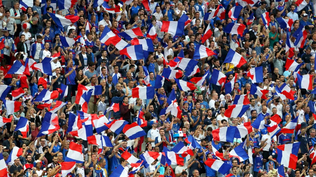 France fans show their support in the stands before the game.