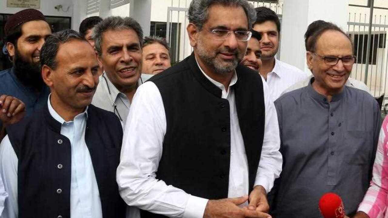 Shahid Khaqan Abbasi (C), former Petroleum Minister, who has been nominated for the interim Prime Minister by the Pakistan Muslim League-Nawaz
