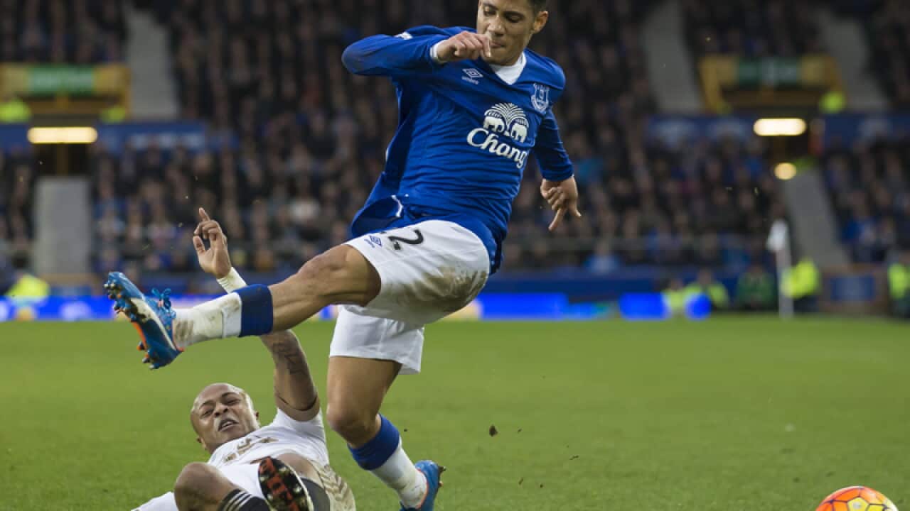 Everton's Steven Pienaar, top, is tackled by Swansea City's Andre Ayew