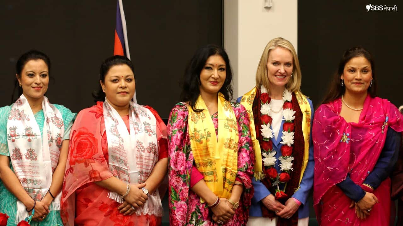 Himani Shah (centre), former crown princess of Nepal, at a women's empowerment event in Sydney organised by Himani Kosh Australia on 10 August 2022.