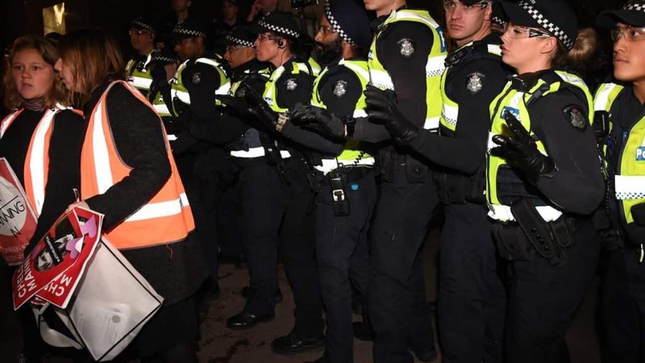 Victorian police outside of the Sofitel Hotel in Melbourne.