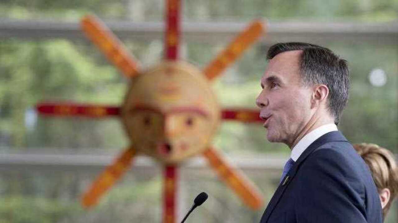 Finance Minister Bill Morneau addresses the media during a meeting for the G7 Finance and Central Bank Governors in Whistler, British Columbia, Canada on Friday, June, 1, 2018.