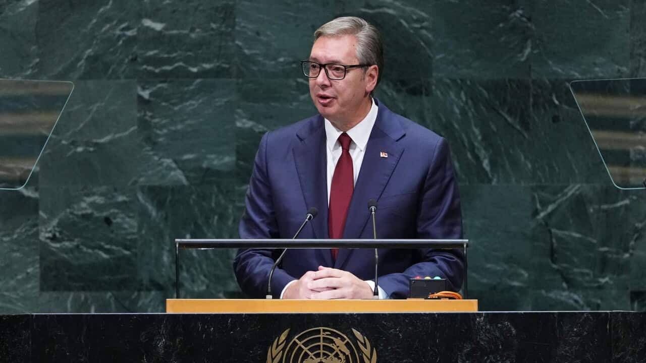 Serbian President Aleksandar Vucic addresses the 81st session of the United Nations General Assembly at U.N. headquarters Wednesday, Sept. 23, 2026.