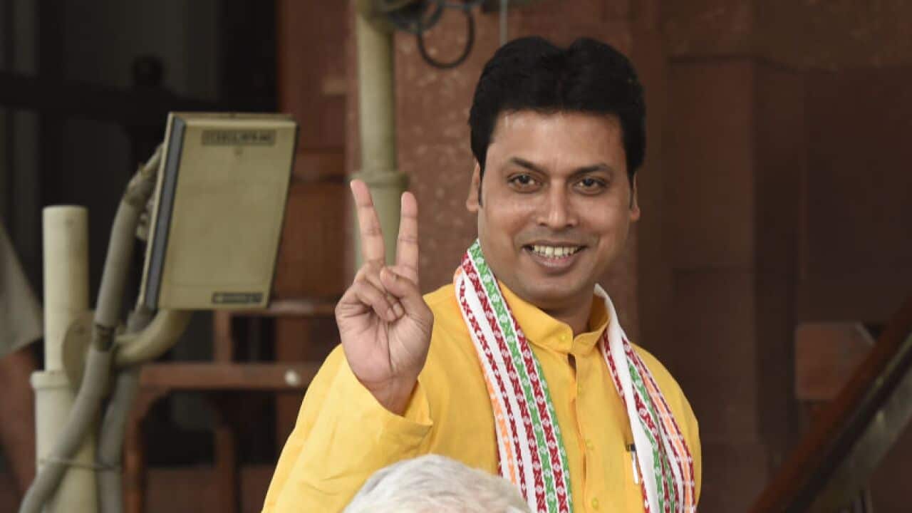 Tripura Chief Minister Biplab Kumar Deb, with Deputy Chief Minister Jishnu Debbarma at Parliament House on March 19, 2018 in New Delhi, India.