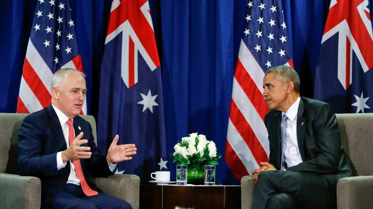 U.S. President Barack Obama, right, listens to Australia's Prime Minister Malcolm Turnbull during their meeting at the Asia-Pacific Economic Cooperation (APEC), in Lima, Peru, Sunday, Nov. 20, 2016. (AP Photo/Pablo Martinez Monsivais)