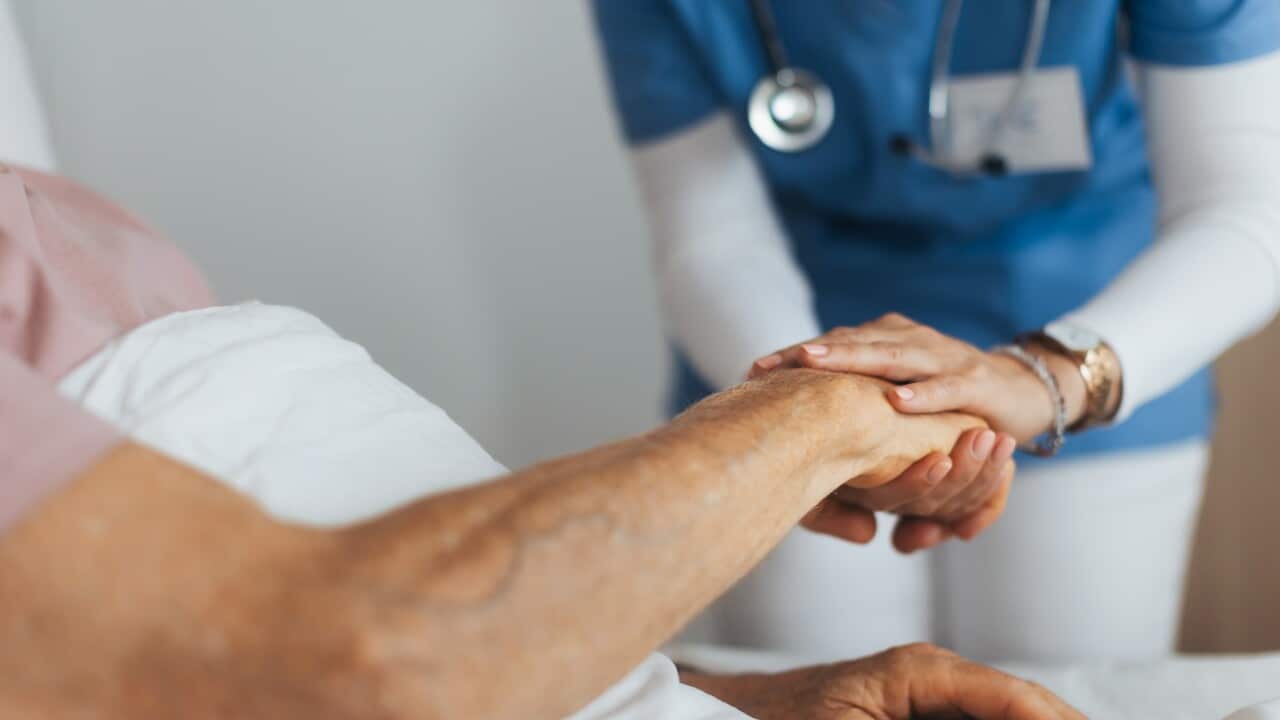 Krupni plan njegovatelja koji drži ruku starijeg klijenta. Podrška od medicinske sestre do pacijenta, zbrinjavanje starijeg muškarca u bolnici. Emocionalna podrška i briga u zdravstvu.