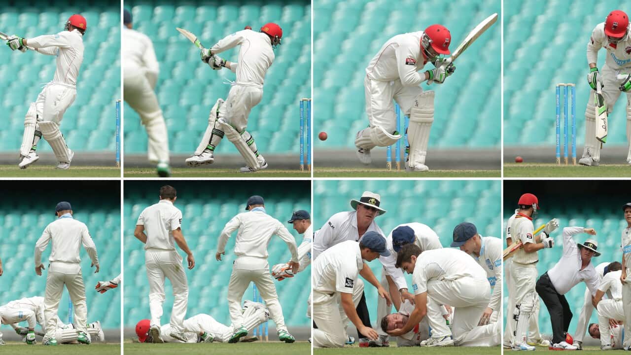 Sequence of images showing cricketer Phil Hughes as he is struck in the head by a delivery. (Getty)