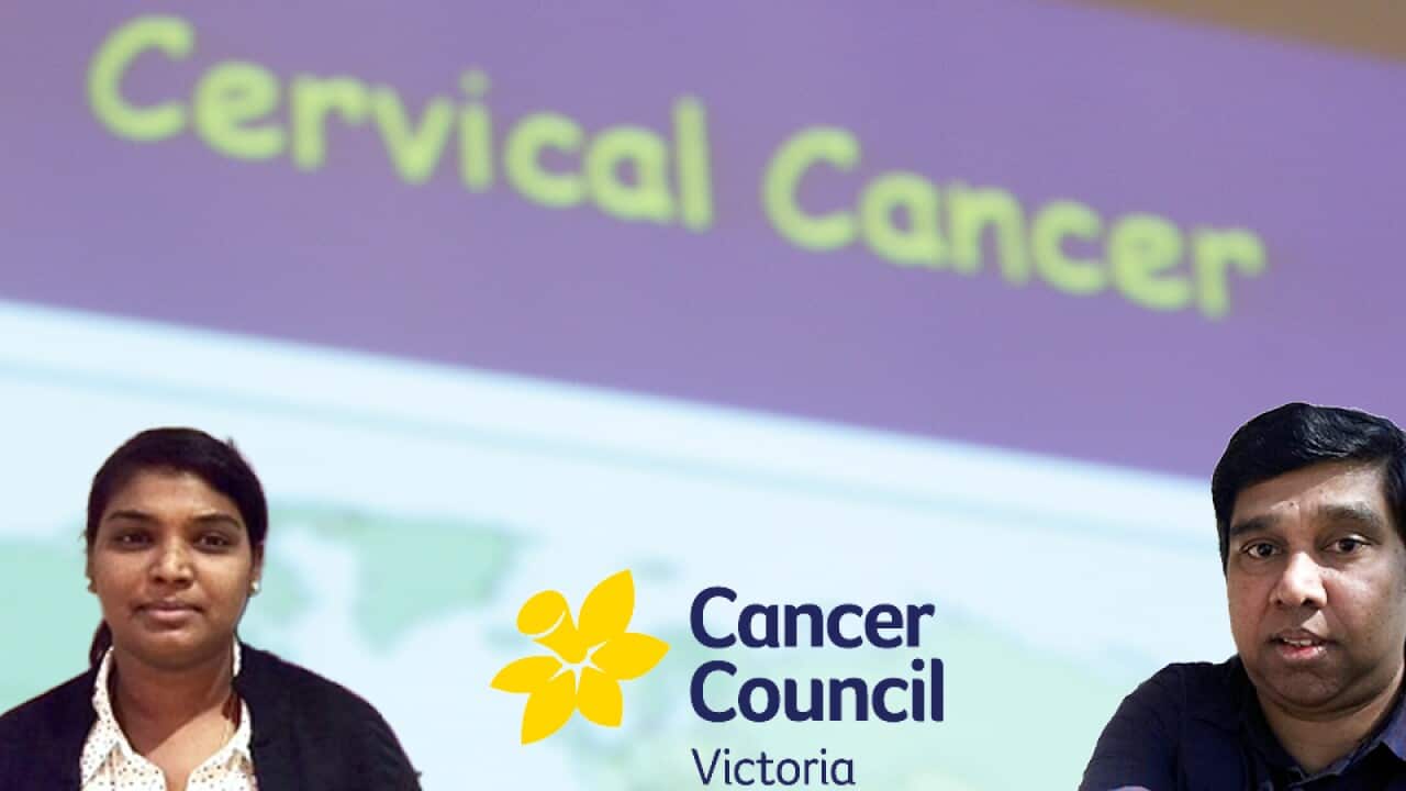 Cervical Cancer Screening Test Campaign by Cancer Council Victoria. Inset: (Left) Uma Rani Jegan Mohan; (right) Dr Chrishanthan