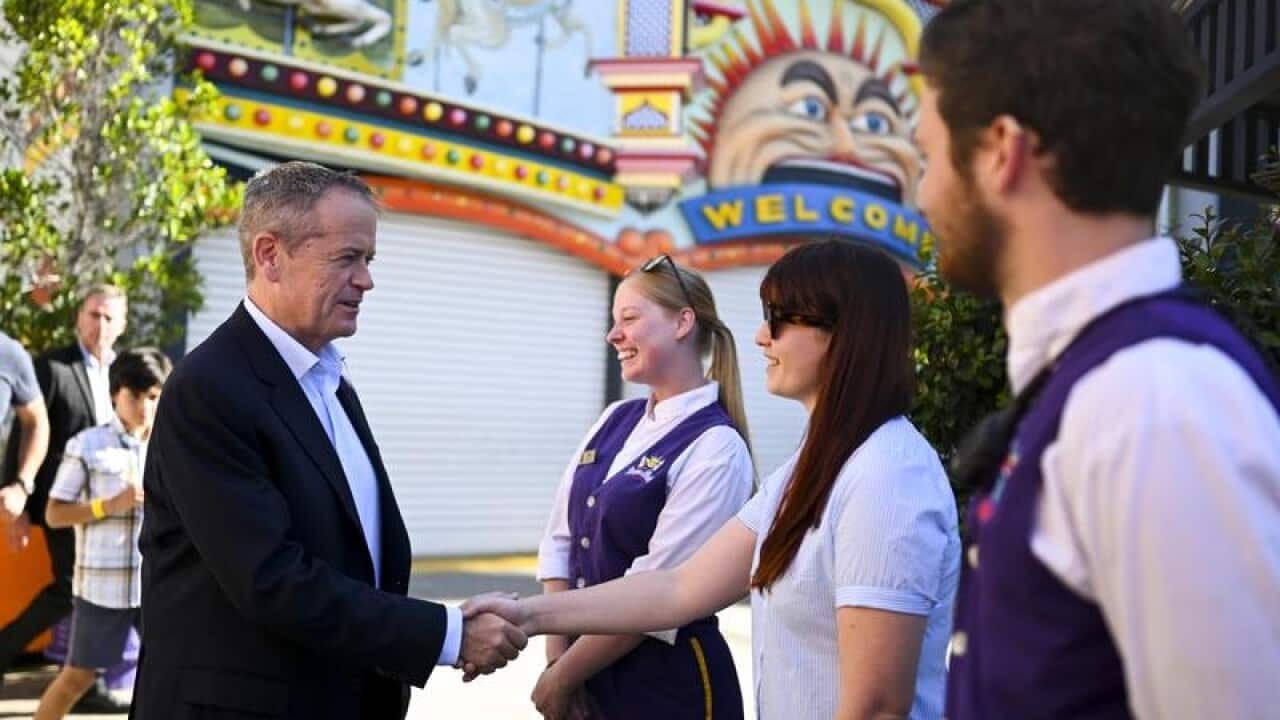 Opposition Leader Bill Shorten greets workers at Luna Park, Melbourne.