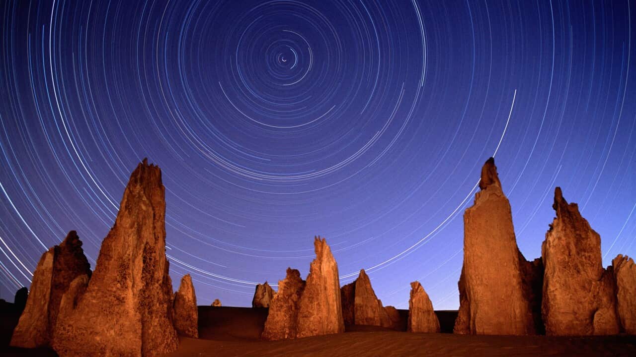 Australia, Pinnacles National Park, rock formations and star trails