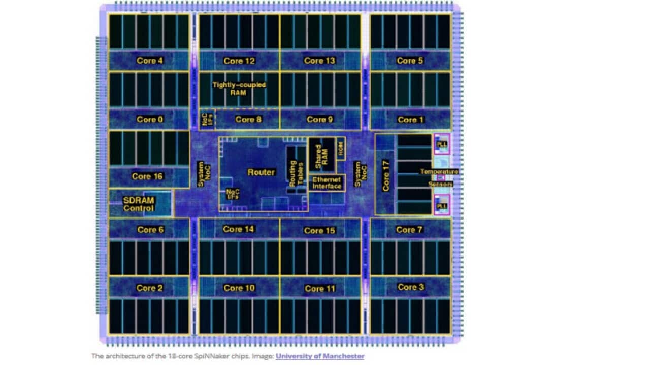 The architecture of the 18-core SpiNNaker chips. The architecture of the 18-core SpiNNaker chips.