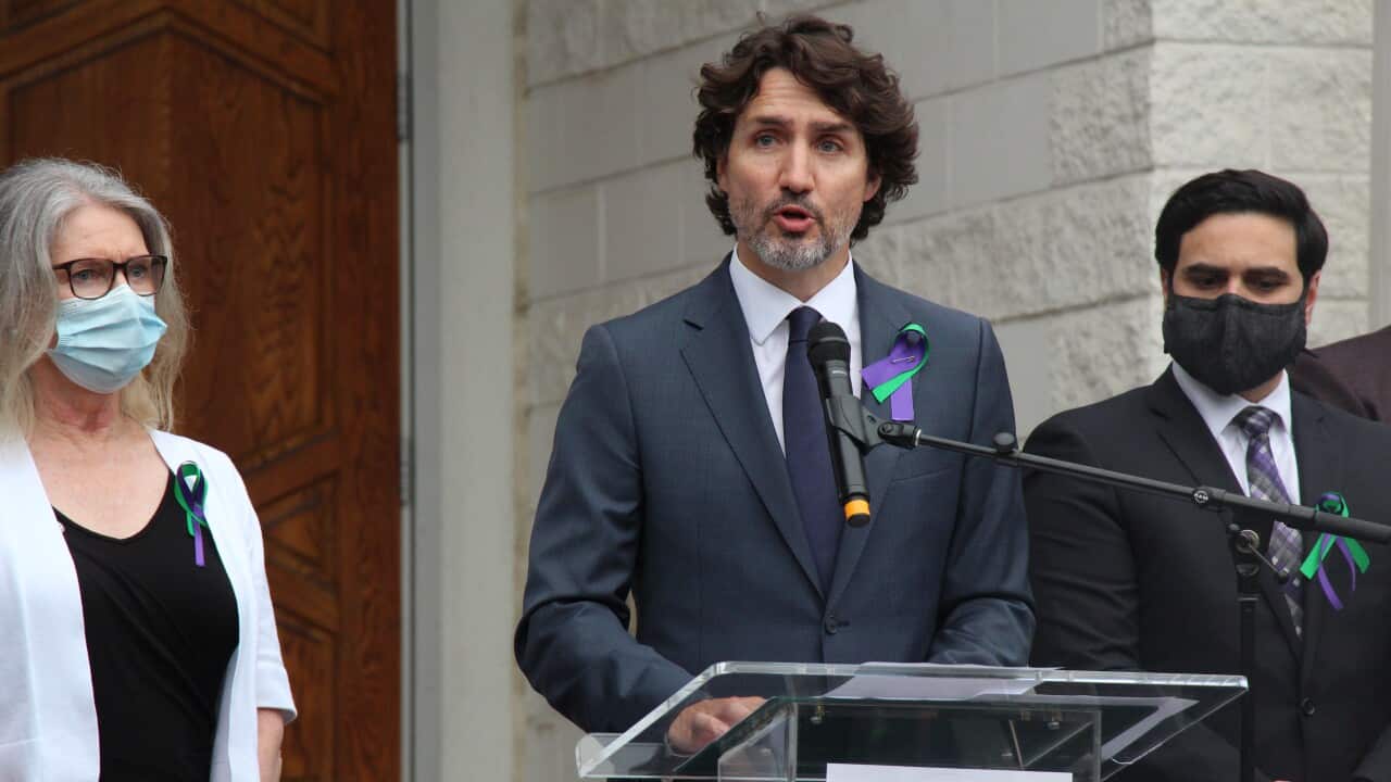 Prime Minister of Canada, Justin Trudeau speaks at a vigil for four members of a Muslim family who were killed during a Sunday evening walk in London, Ontario.